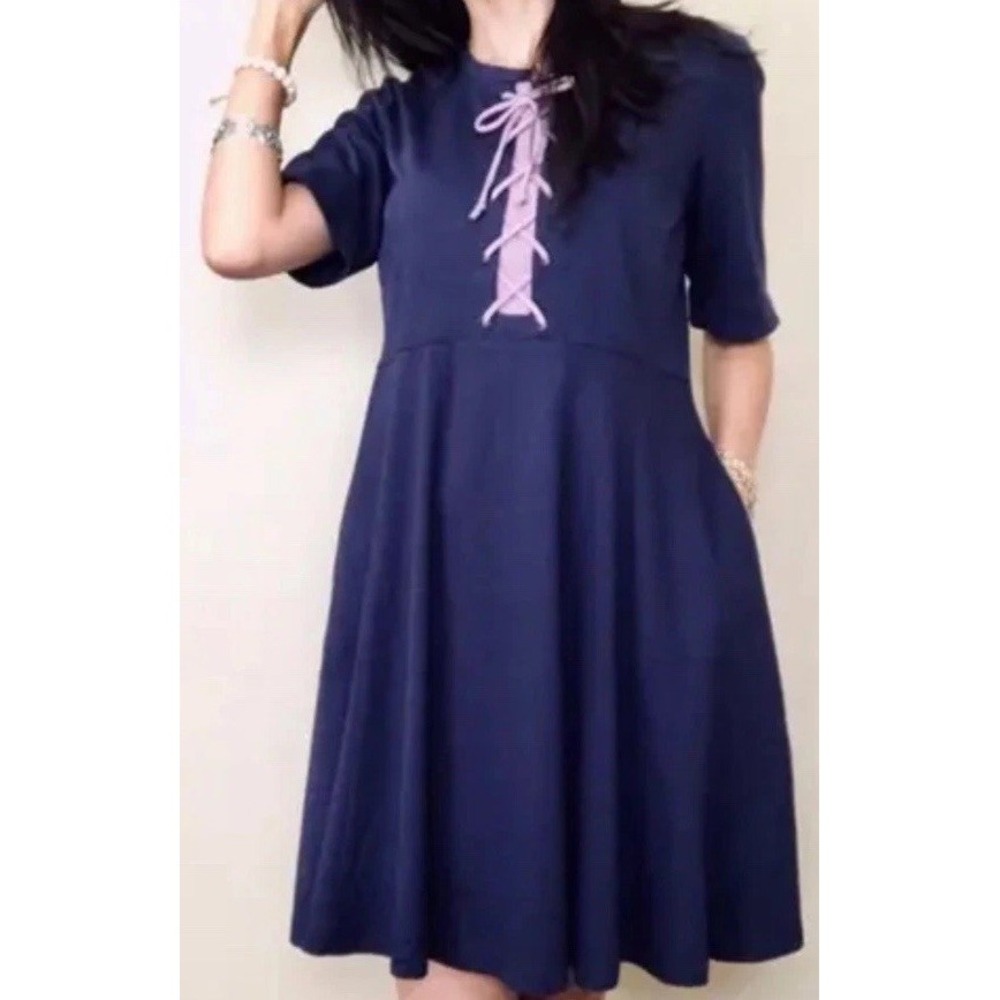 Anthropologie Maeve Short Sleeve Purple Lace Up Neck Dress Women's Size XS